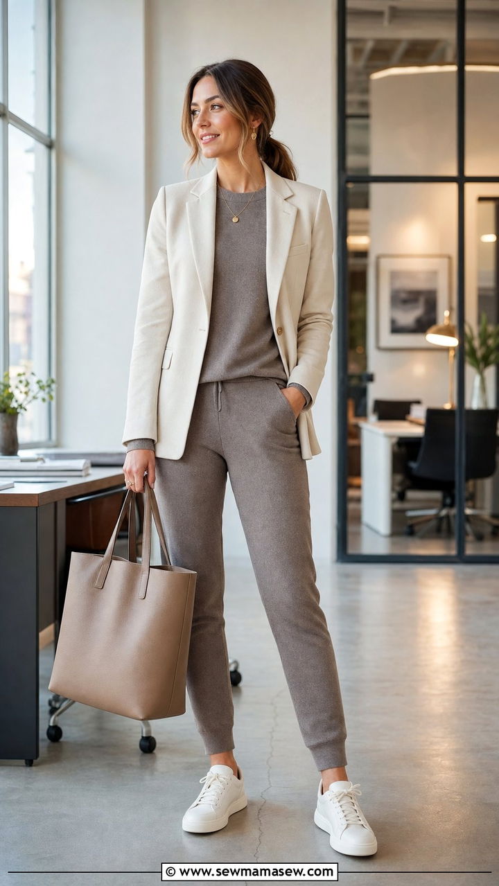 Knit Lounge Set With Structured Blazer And Sneakers - 25 spring business meets athletic outfit ideas
