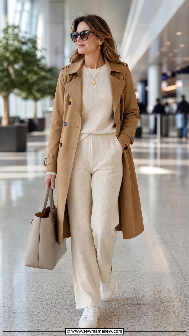 Knit Lounge Set With Trench Coat - 35 Airport outfit ideas for women over 40