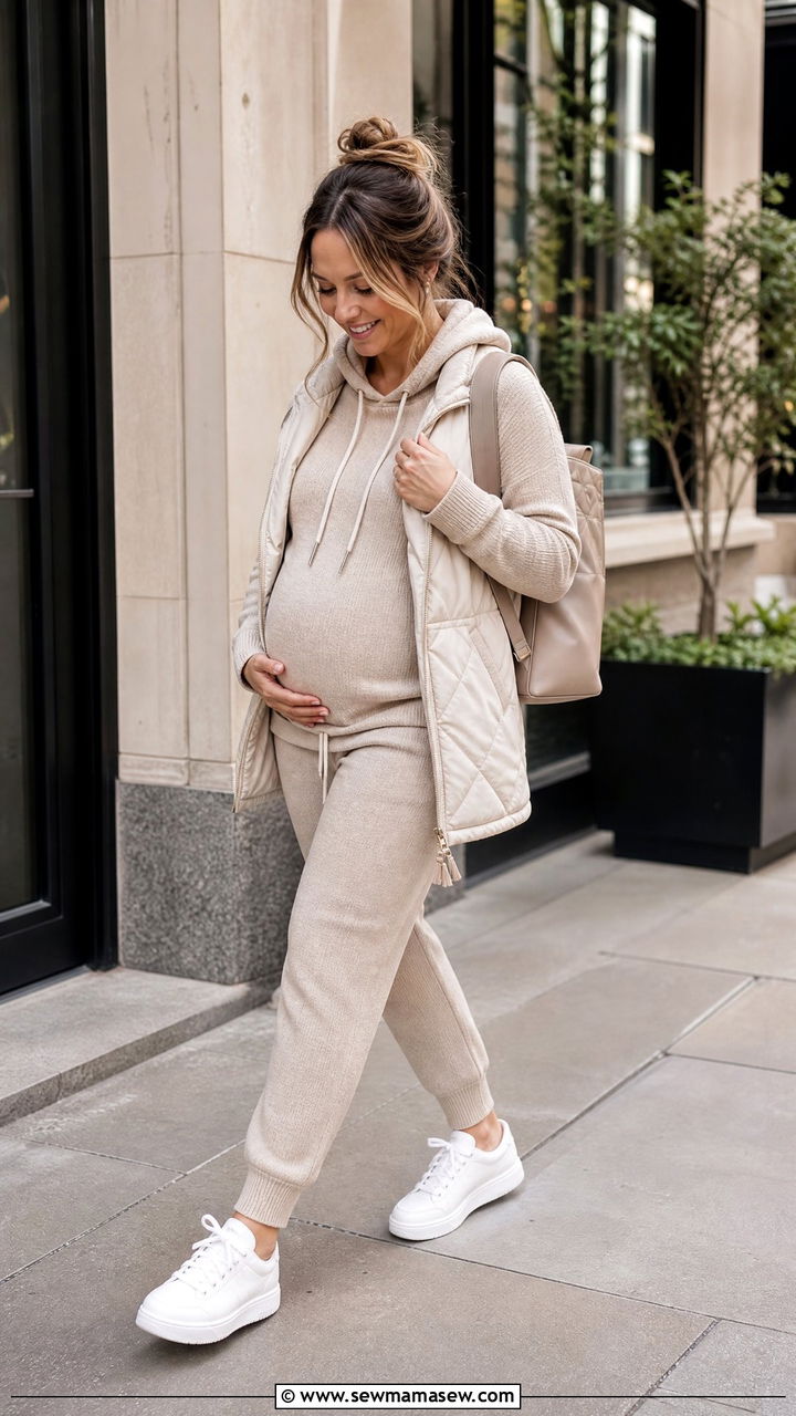 Knit Lounge Set With White Sneakers Pregnancy Outfit - 25 First trimester outfit ideas