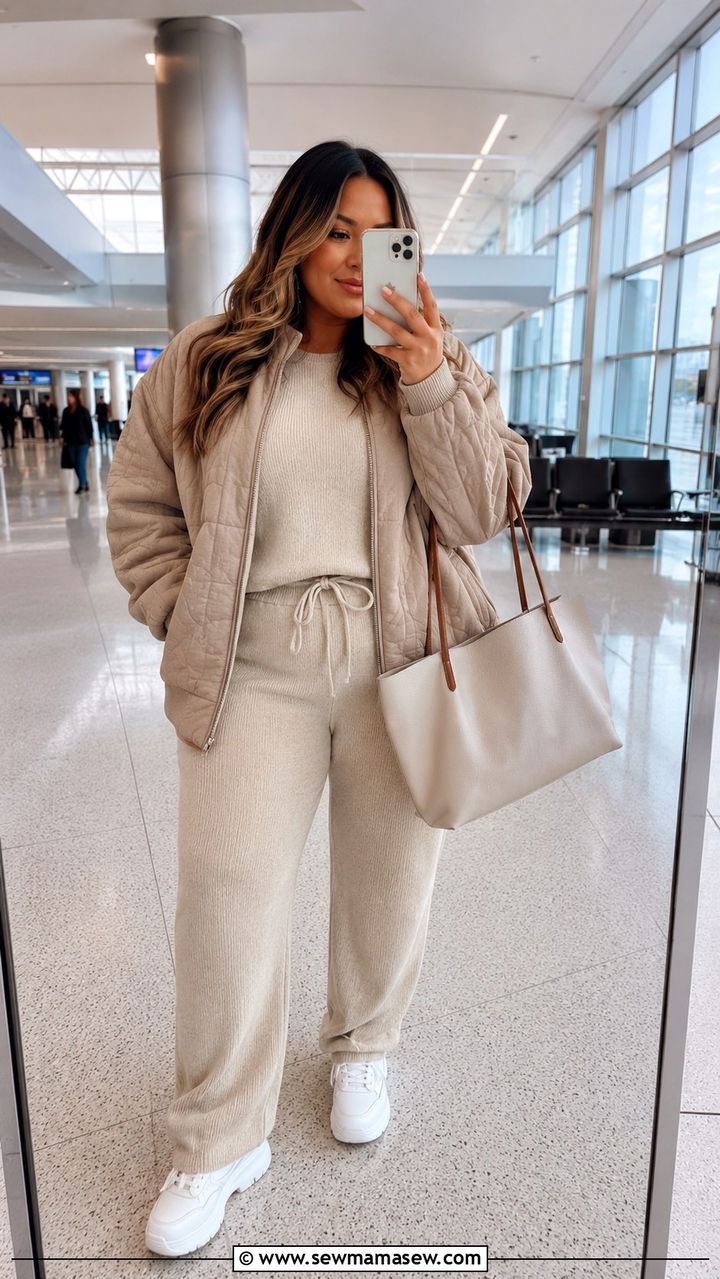 Knit Lounge Set with Sneakers for Travel Days - 25 Vacation outfit ideas plus size women