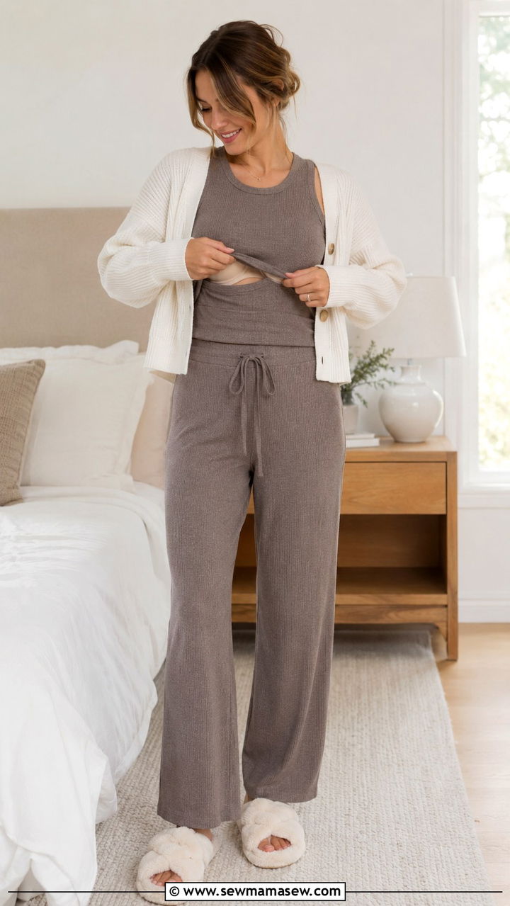 Knit Lounge Set with a Cropped Cardigan - 20 Postpartum outfit ideas week 1
