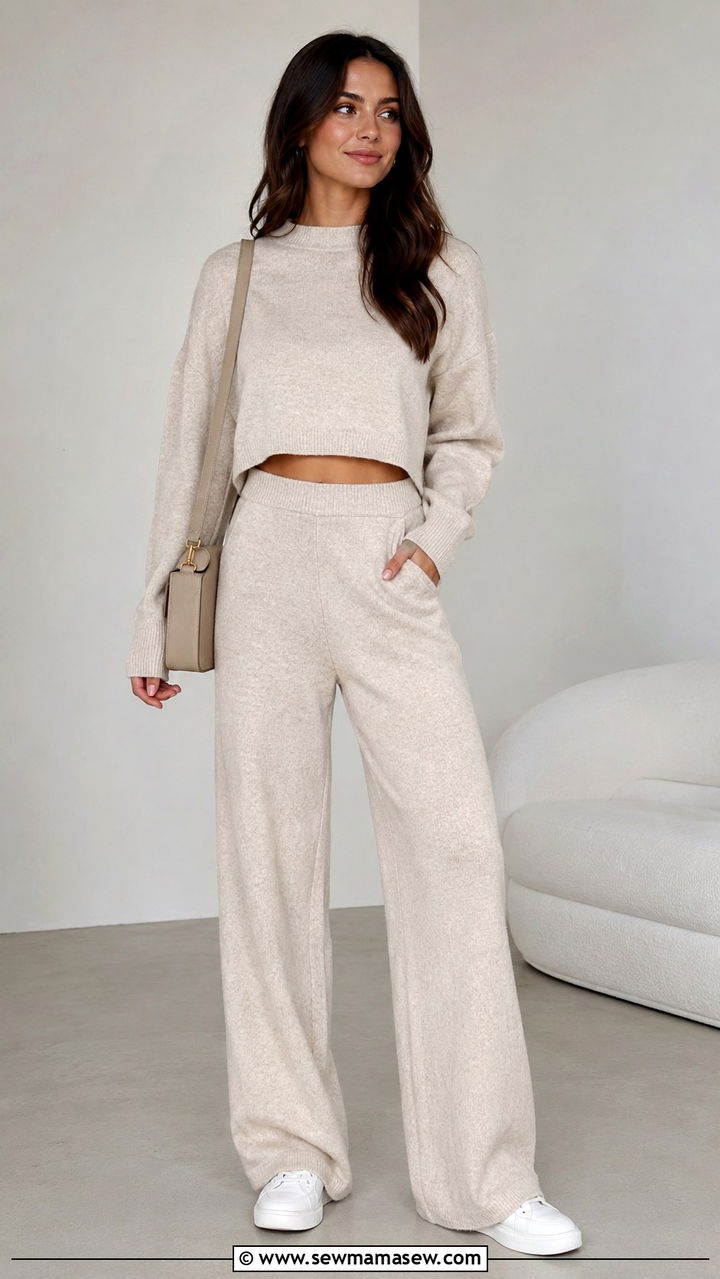 Knit Matching Set With Wide Leg Pants And Clean Sneakers - 30 casual minimalist outfits