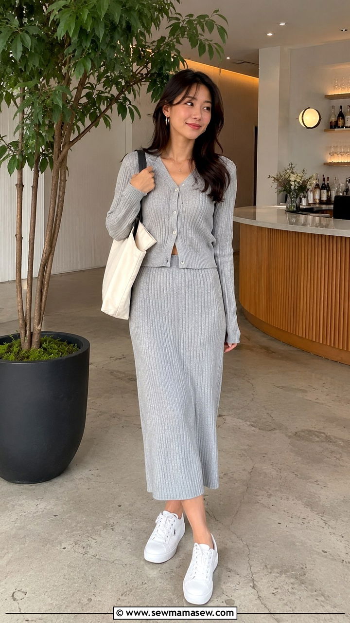 Knit Matching Set with White Sneakers - 30 Graduation brunch outfit ideas