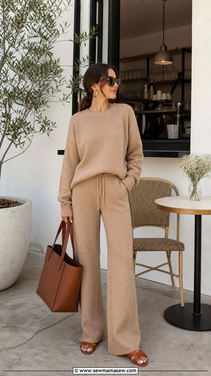 Knit Matching Set with Wide Leg Pants - 30 Clean girl loungewear outfit ideas