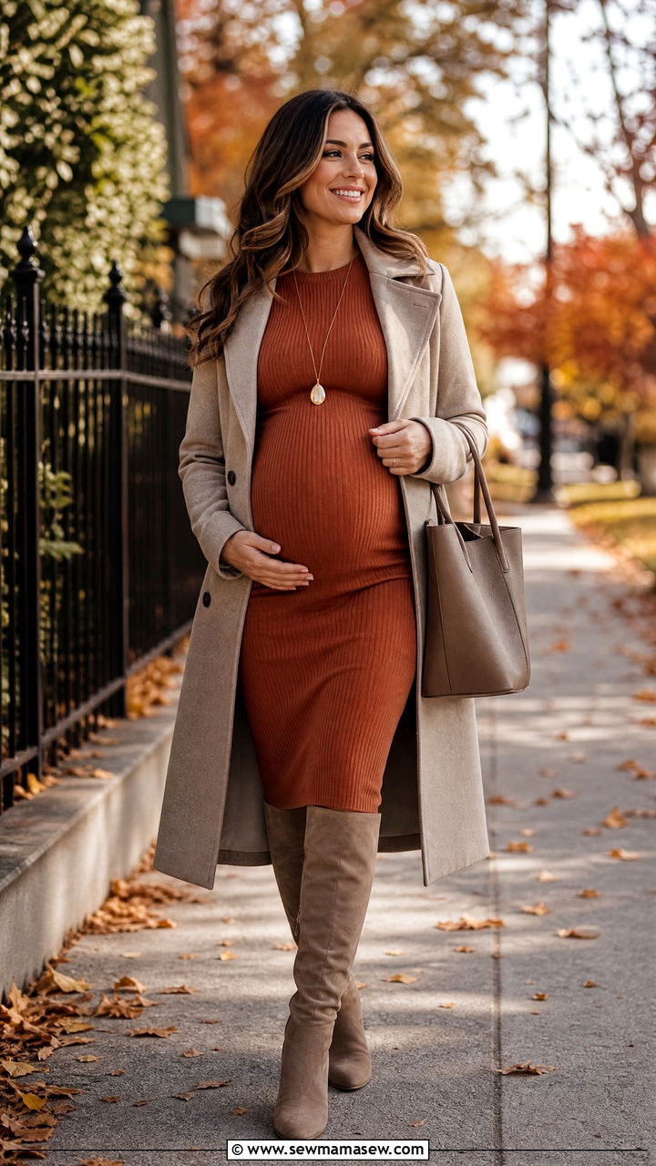 Knit Maternity Dress With Knee High Boots - 30 Maternity outfit ideas for baby shower