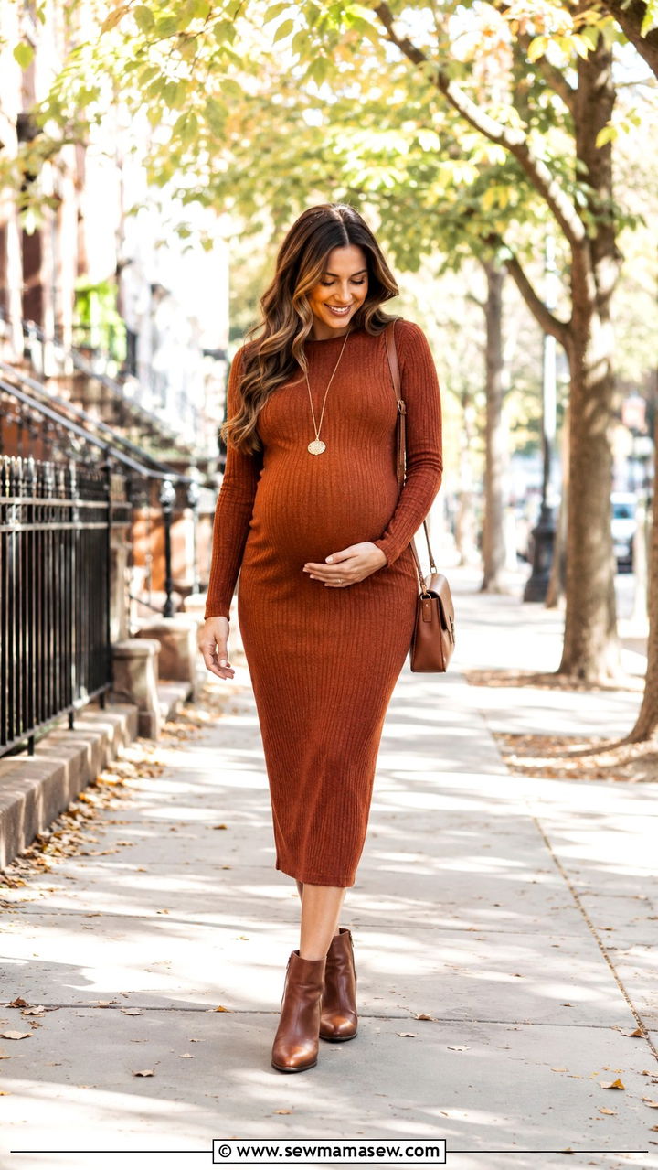 Knit Maternity Dress with Ankle Boots - 20 Second trimester outfit ideas