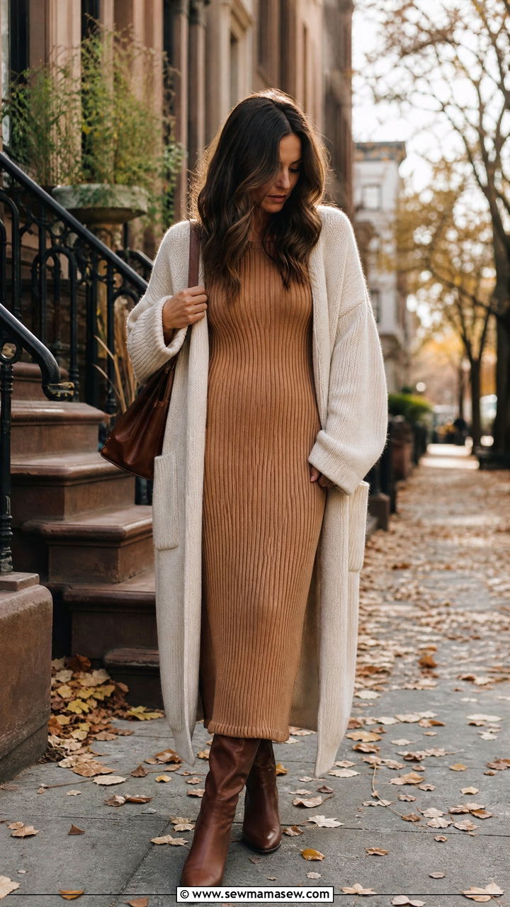 Knit Maxi Dress With Cardigan And Knee High Boots - 35 maxi dress outfit ideas for women