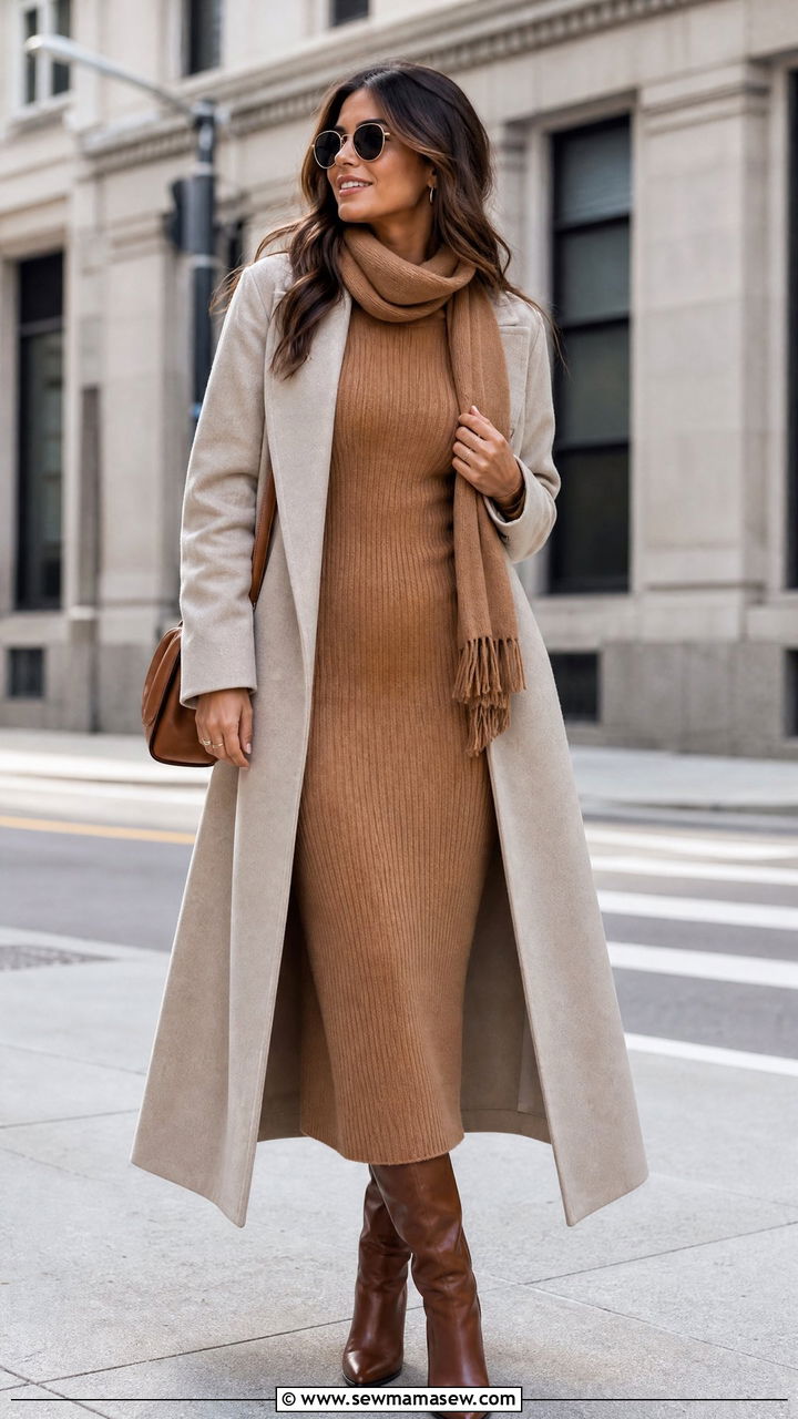 Knit Maxi Dress With Knee High Boots And Wool Coat - 35 maxi dress outfits for women