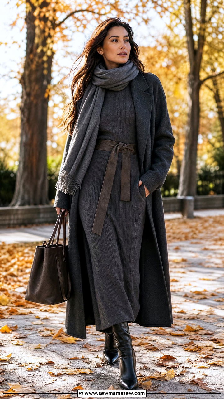 Knit Maxi Dress With Suede Belt And Knee High Boots - 30 Maxi dress with a belt outfit ideas