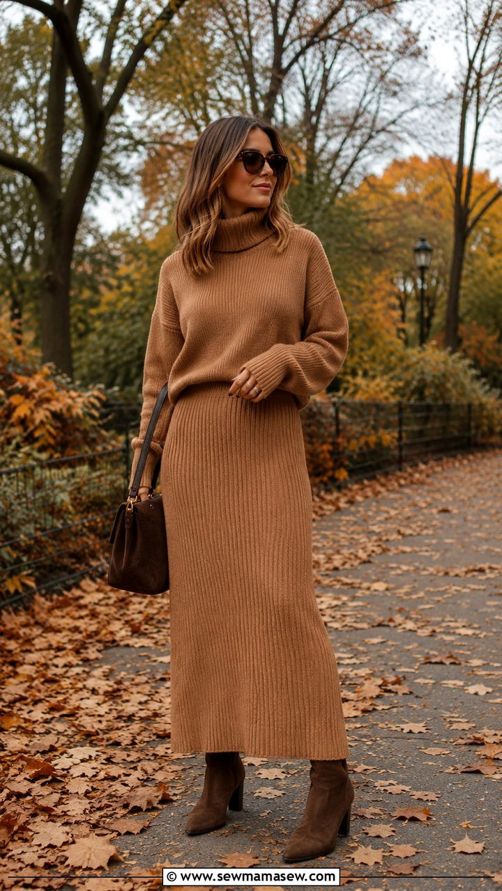 Knit Maxi Skirt with Heeled Ankle Boots - 30 Maxi skirt outfit ideas with heels
