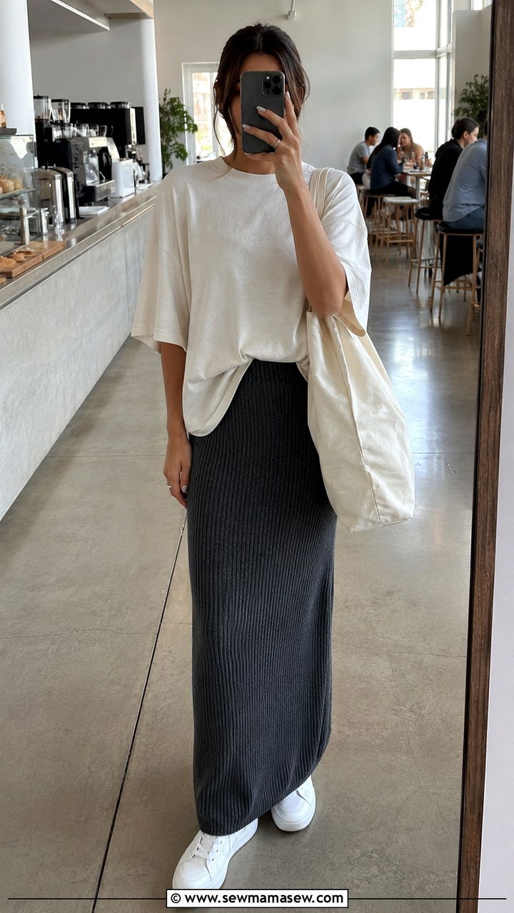 Knit Maxi Skirt with Oversized Tee - 30 Maxi skirt outfit ideas with a tee