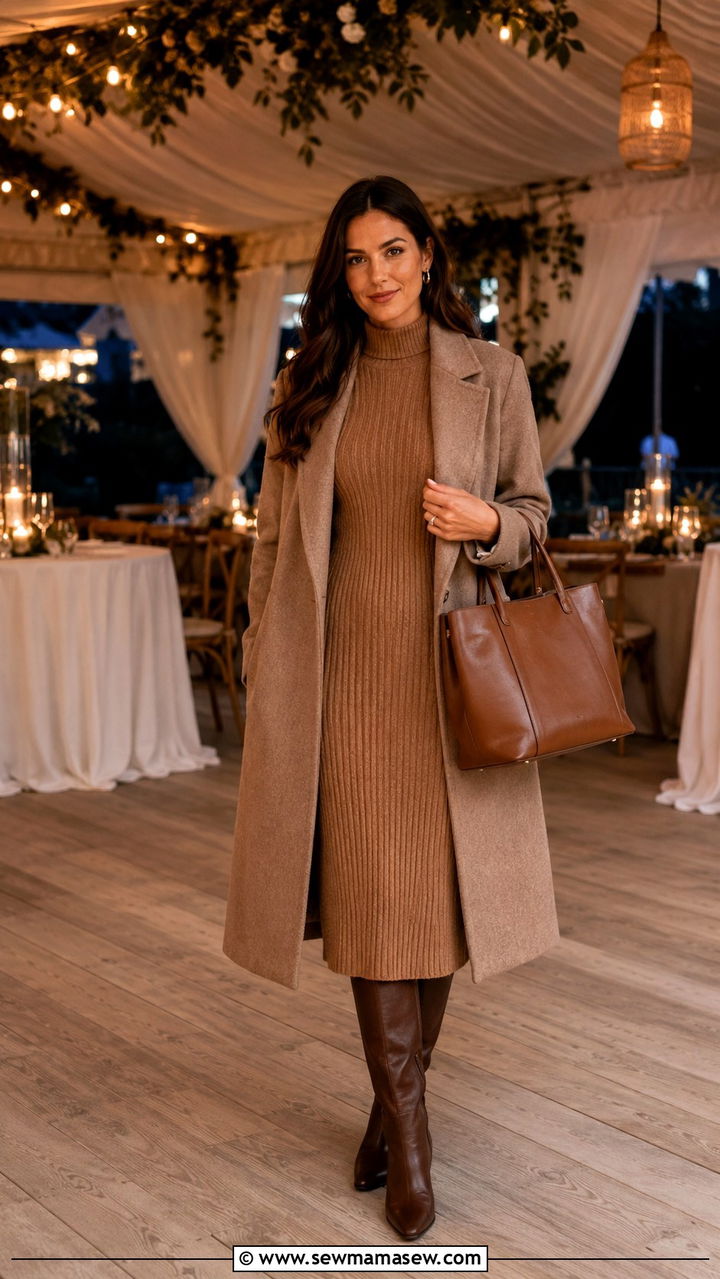 Knit Midi Dress And Knee High Boots - 30 Tent wedding guest outfit ideas