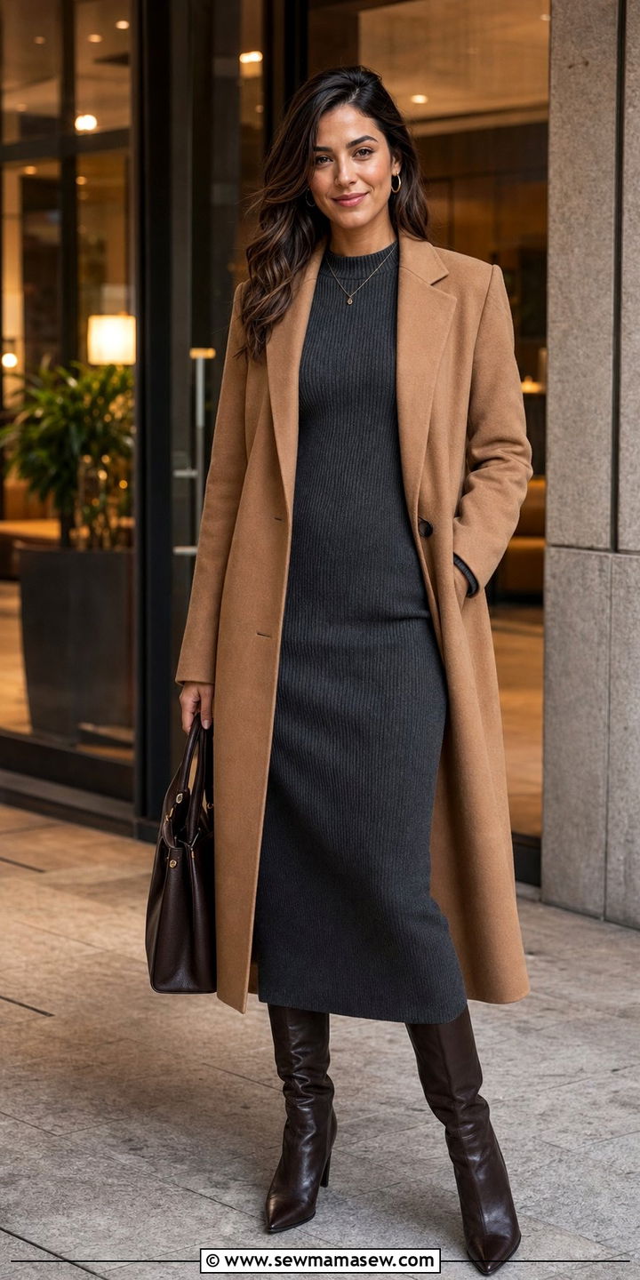Knit Midi Dress And Long Coat Book Club Outfit - 35 Book club outfit ideas