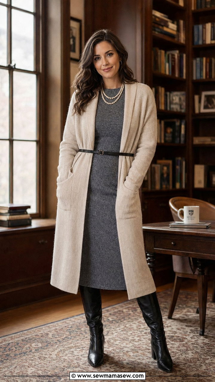 Knit Midi Dress And Structured Cardigan Outfit - 30 Zoom interview outfit ideas