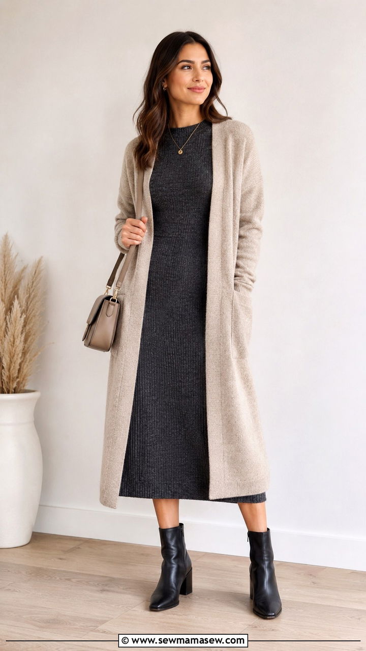Knit Midi Dress With Ankle Boots and Long Cardigan - 30 business casual outfits 2026