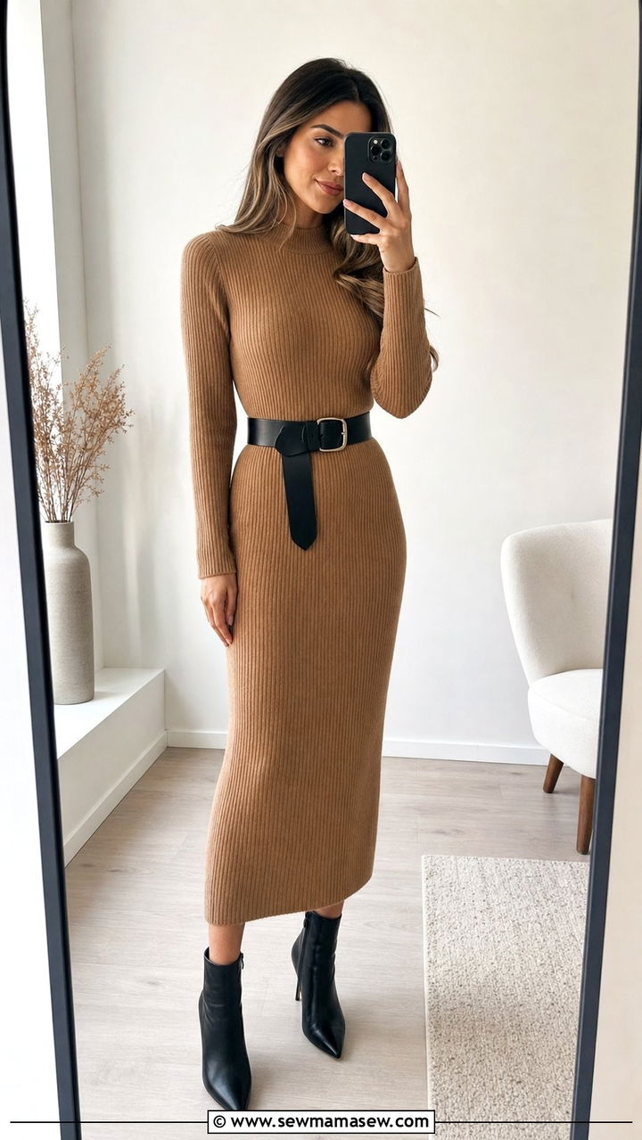 Knit Midi Dress With Belt And Heeled Boots Outfit - 25 Cute outfits for skinny women