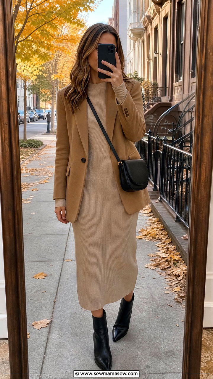 Knit Midi Dress With Blazer And Ankle Boots - 30 Midi dress with blazer outfit ideas