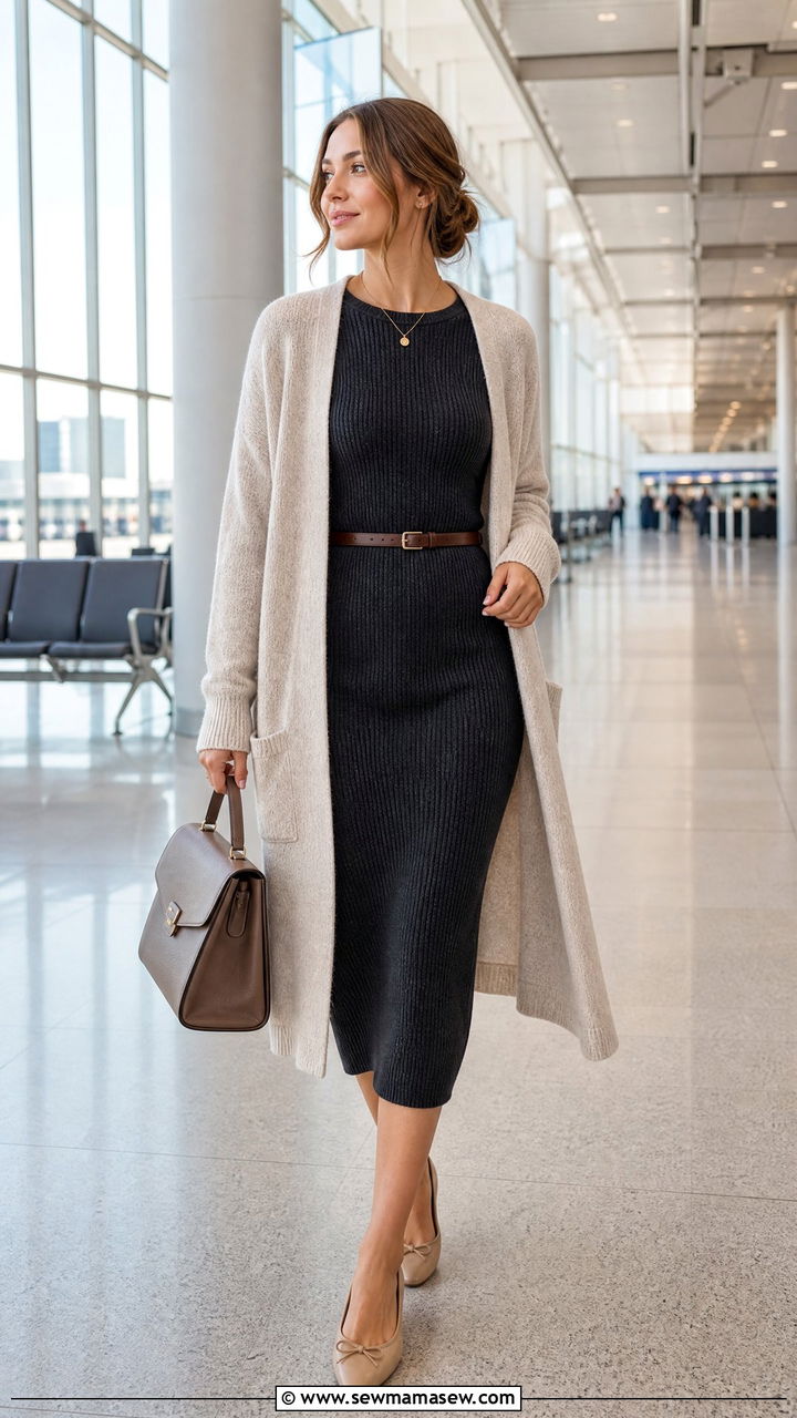 Knit Midi Dress With Cardigan Travel Outfit - 30 modest airport outfit ideas