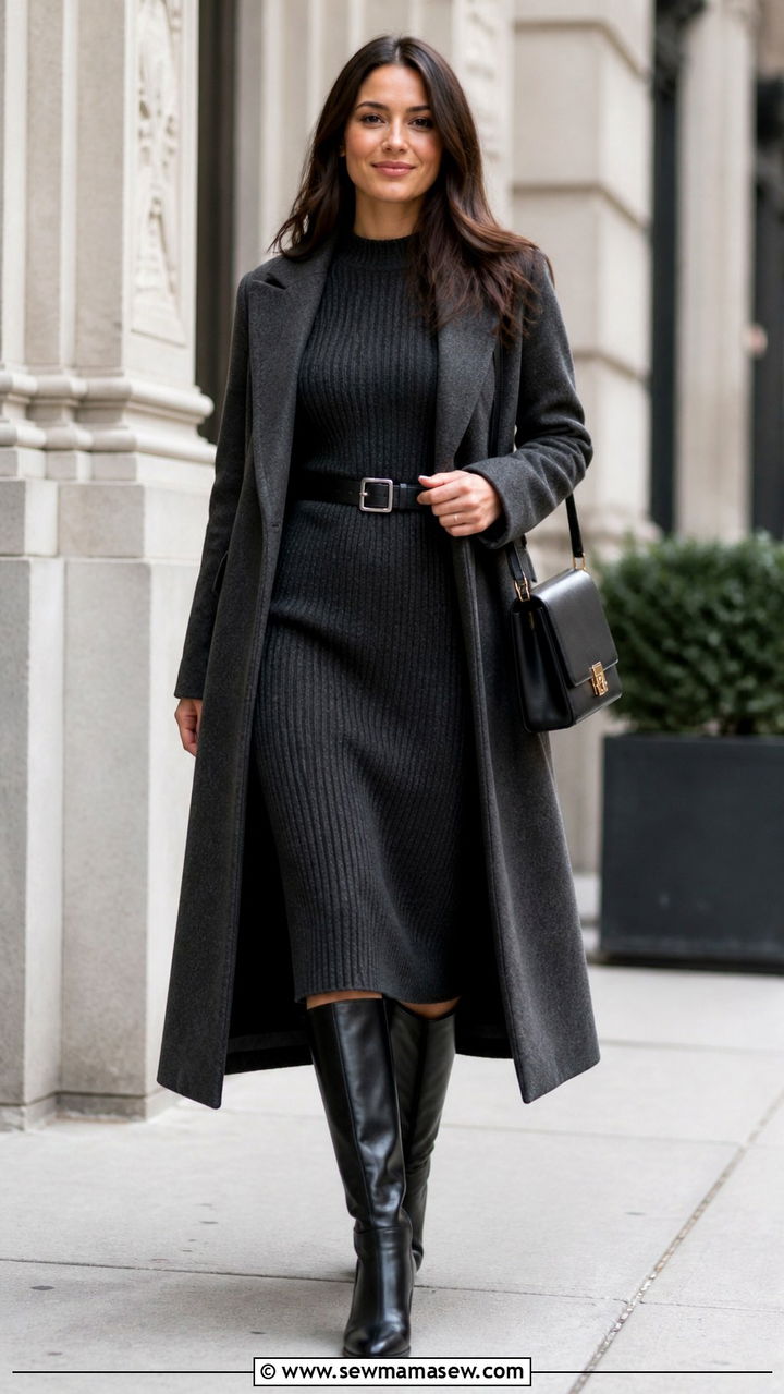 Knit Midi Dress With Knee High Boots - 40 French girl outfit ideas