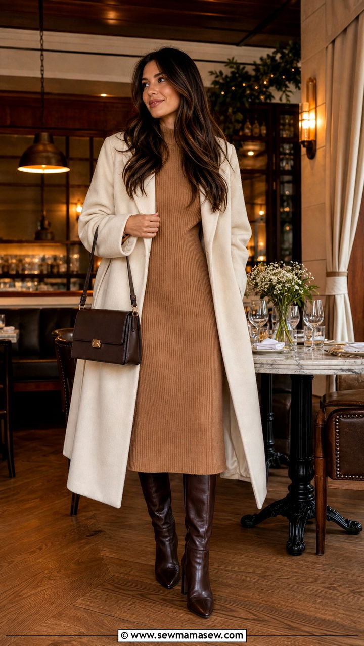 Knit Midi Dress With Knee High Boots - 25 Birthday brunch outfit ideas 2026