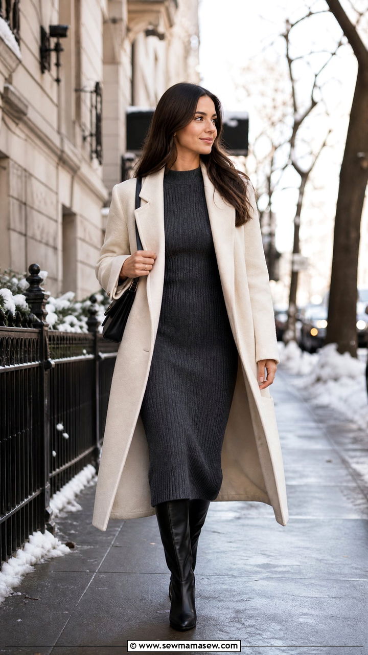 Knit Midi Dress With Knee High Boots - 25 French girl outfit ideas with Rouje dress
