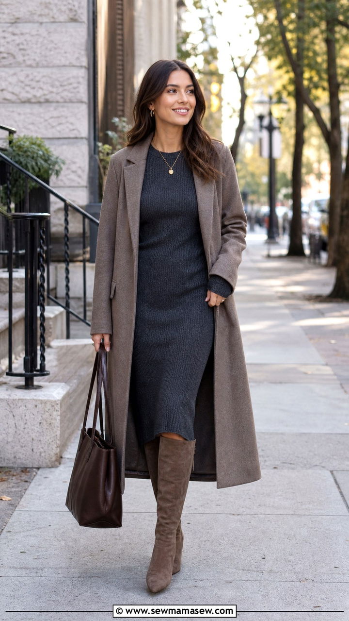 Knit Midi Dress With Knee High Boots And Leather Tote - 40 Casual wedding guest outfits