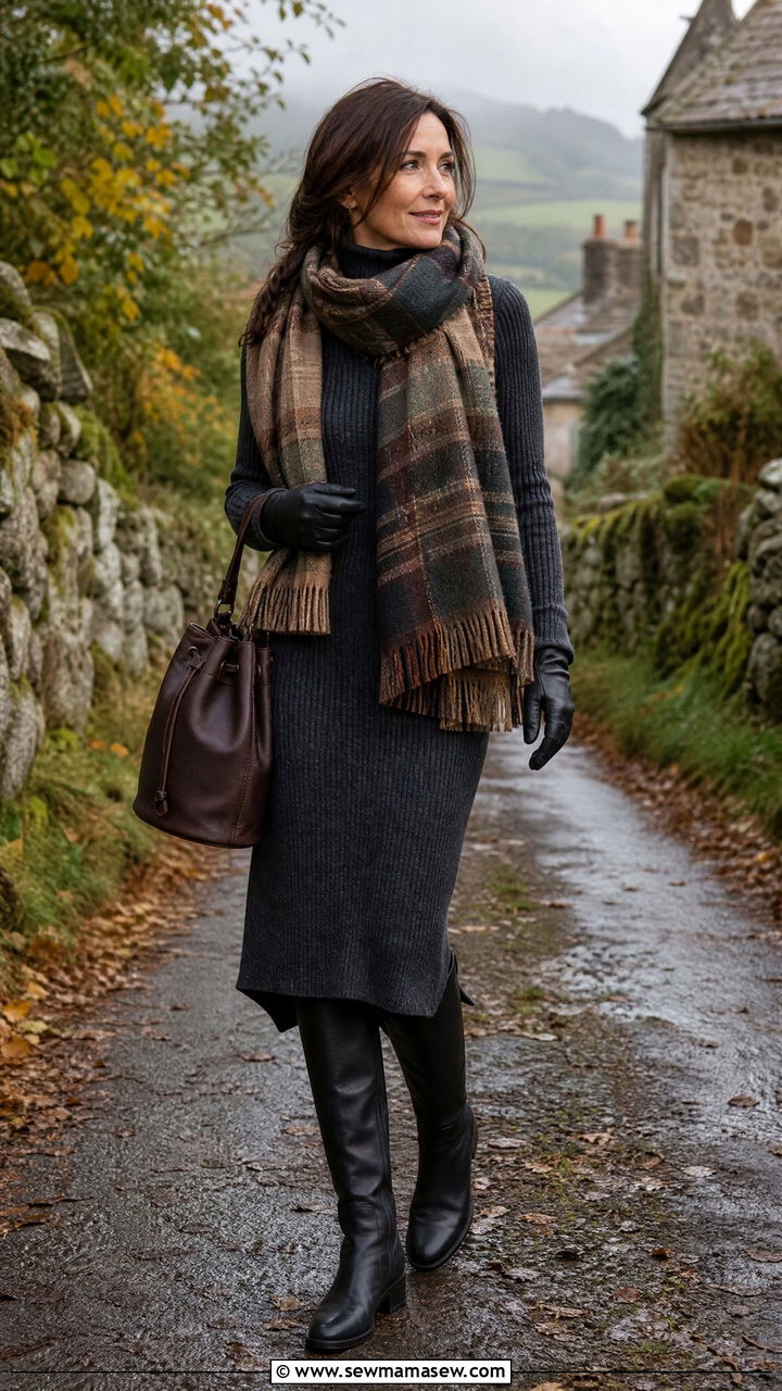 Knit Midi Dress With Leather Boots And Scarf - 30 cottagecore outfit ideas for women over 40