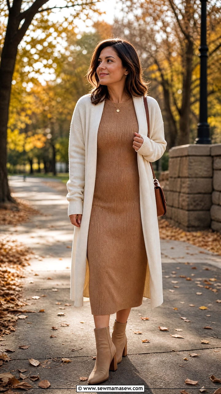 Knit Midi Dress With Longline Cardigan And Ankle Boots - 25 Petite outfit ideas with apple shape