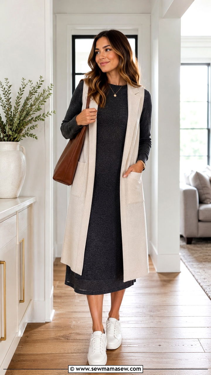 Knit Midi Dress With Longline Vest - 30 Teacher outfits with dresses