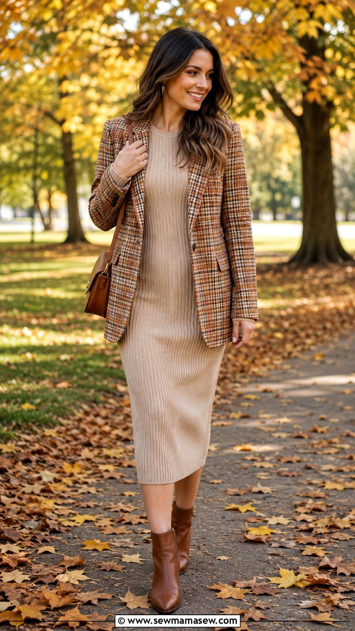 Knit Midi Dress With Plaid Blazer - 30 Midi dress outfit ideas with a blazer