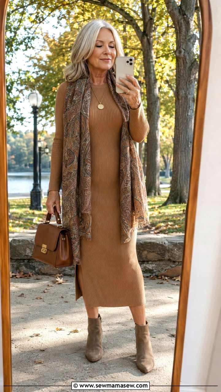 Knit Midi Dress With Suede Ankle Boots Outfit - 25 Midsize outfits for women over 60