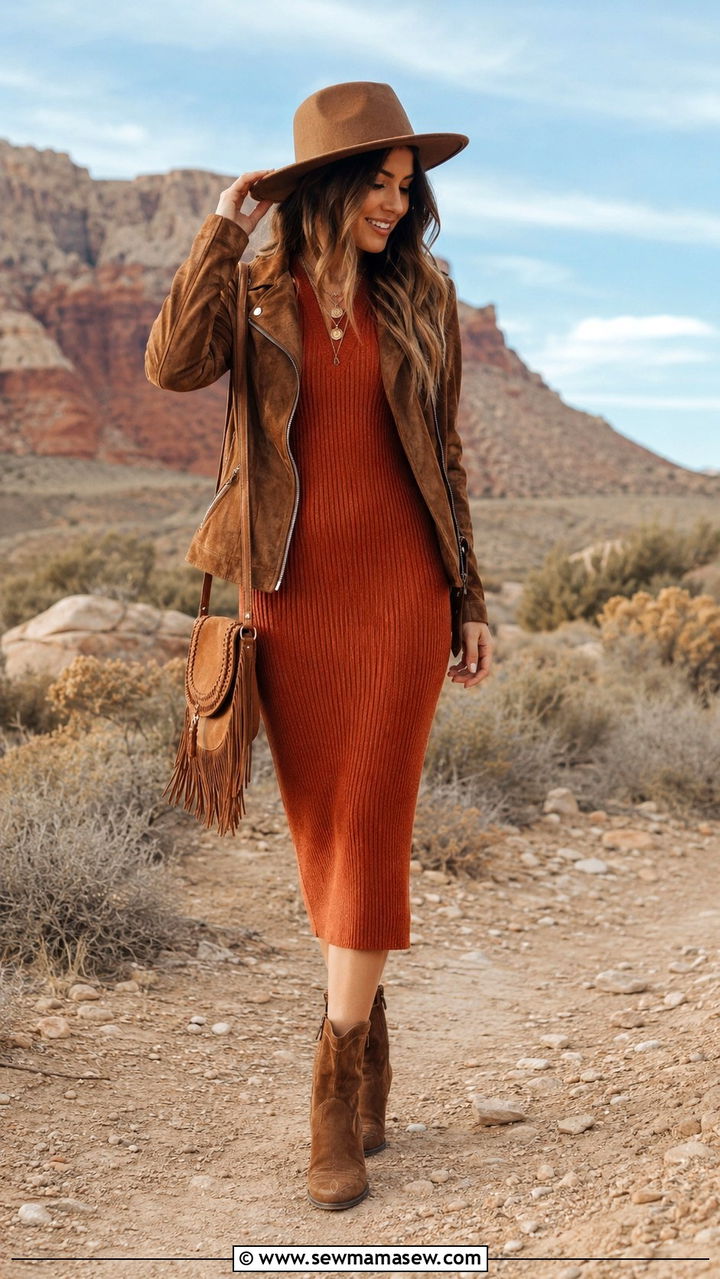 Knit Midi Dress With Western Boots And A Suede Jacket - 30 transitional outfits Pinterest