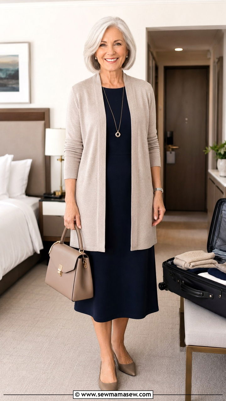 Knit Midi Dress Wrinkle Free Carry On Outfit - 30 Travel outfit ideas for women over 60