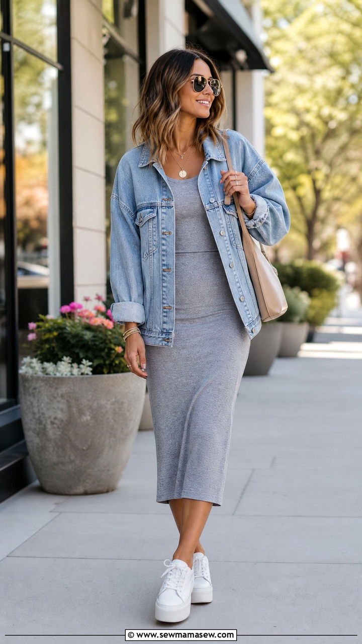 Knit Midi Dress and Oversized Denim Jacket - 30 Loungewear outfit ideas spring