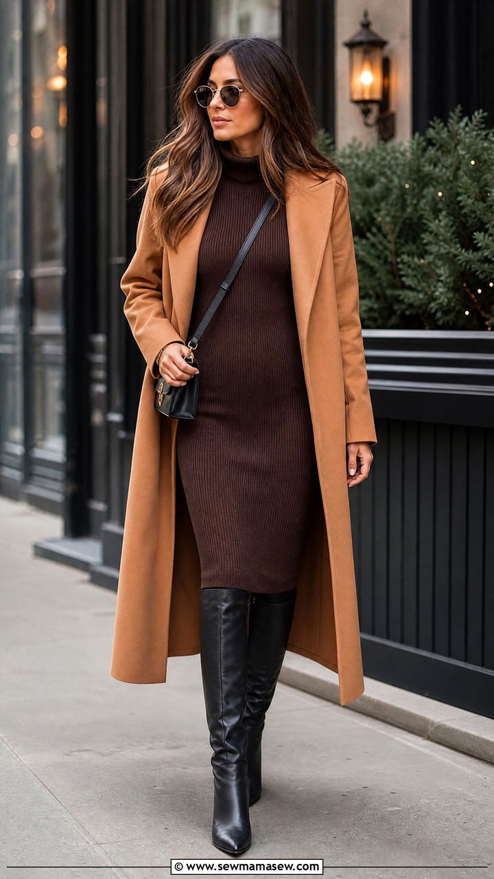 Knit Midi Dress and Tall Boots Outfit - 30 brunch outfits ideas