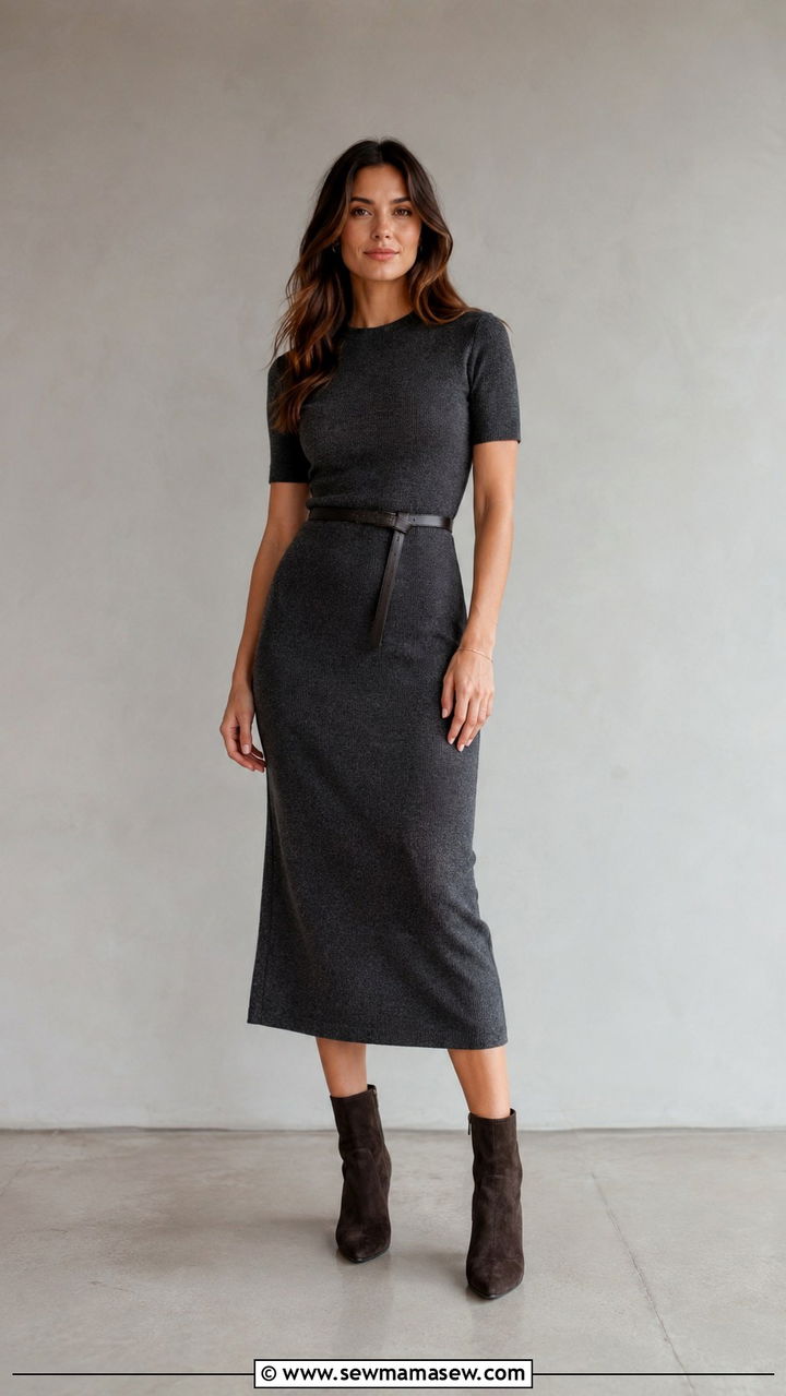 Knit Midi Dress with Ankle Boots - 20 Summer outfits for 60 degree weather