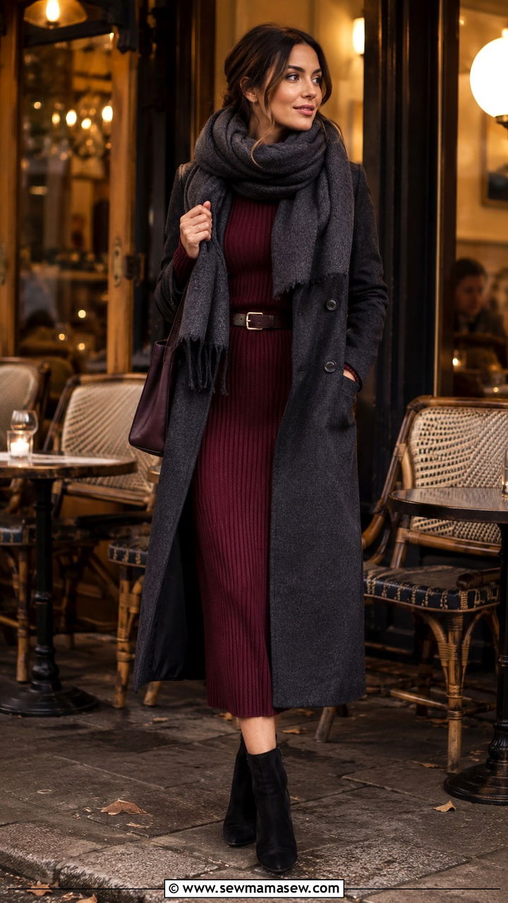 Knit Midi Dress with Ankle Boots and a Wool Scarf - 25 Paris packing list outfits