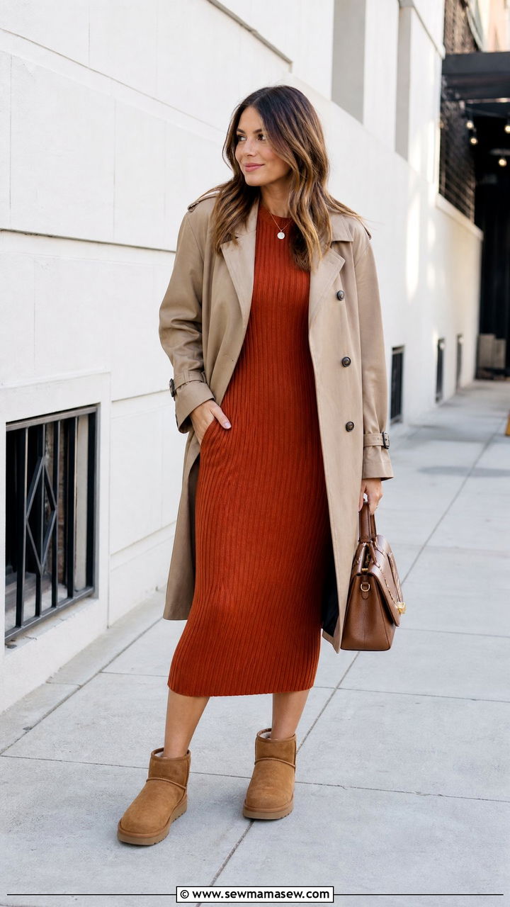 Knit Midi Dress with Classic Mini Uggs Outfit - 25 Uggs with dress outfit ideas