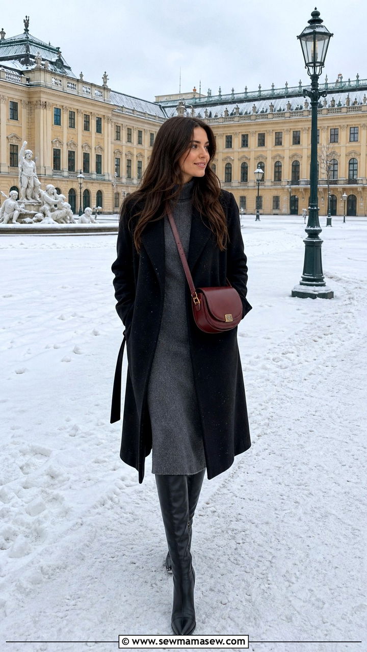 Knit Midi Dress with Knee High Boots and Wool Coat - 40 Europe travel outfits