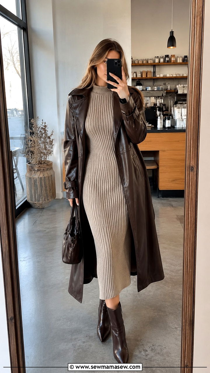 Knit Midi Dress with Leather Trench and Pointed Toe Boots - 30 business casual outfits aesthetic
