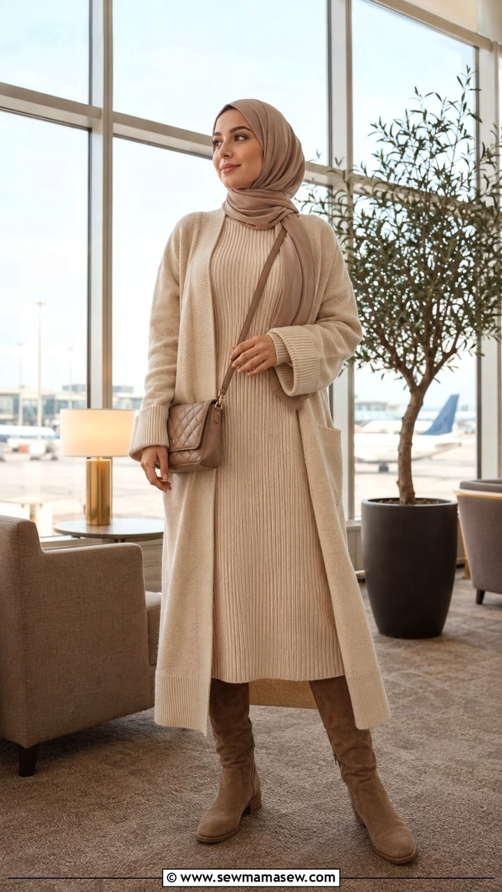Knit Midi Dress with Long Cardigan and Knee High Boots - 30 Modest outfit ideas for airport