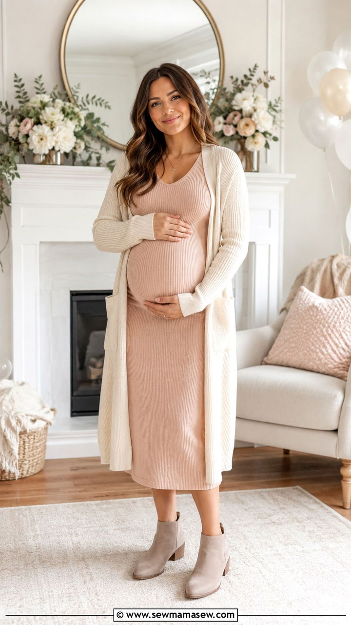 Knit Midi Dress with Long Cardigan - 30 classy baby shower outfit ideas