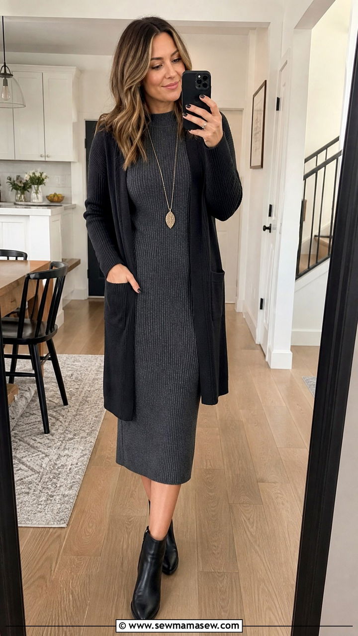 Knit Midi Dress with Longline Cardigan - 40 Spring work outfits