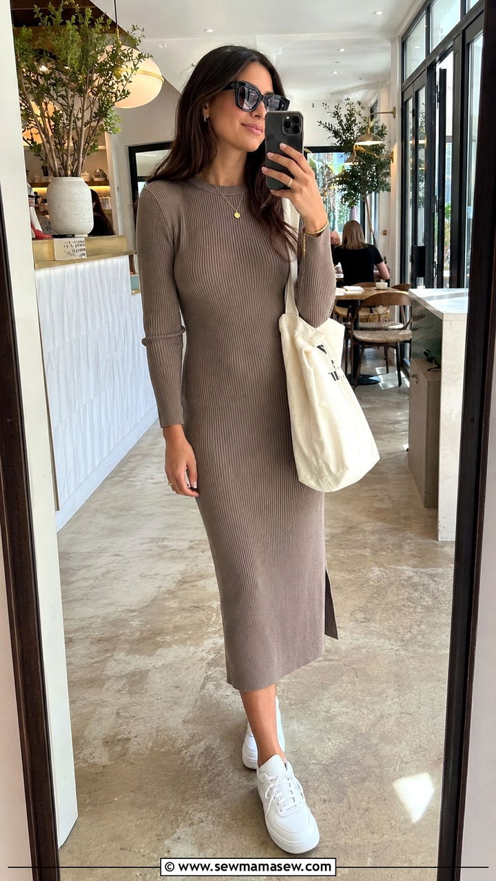 Knit Midi Dress with Sneakers and Tote Bag - 30 Spring brunch with friends outfits
