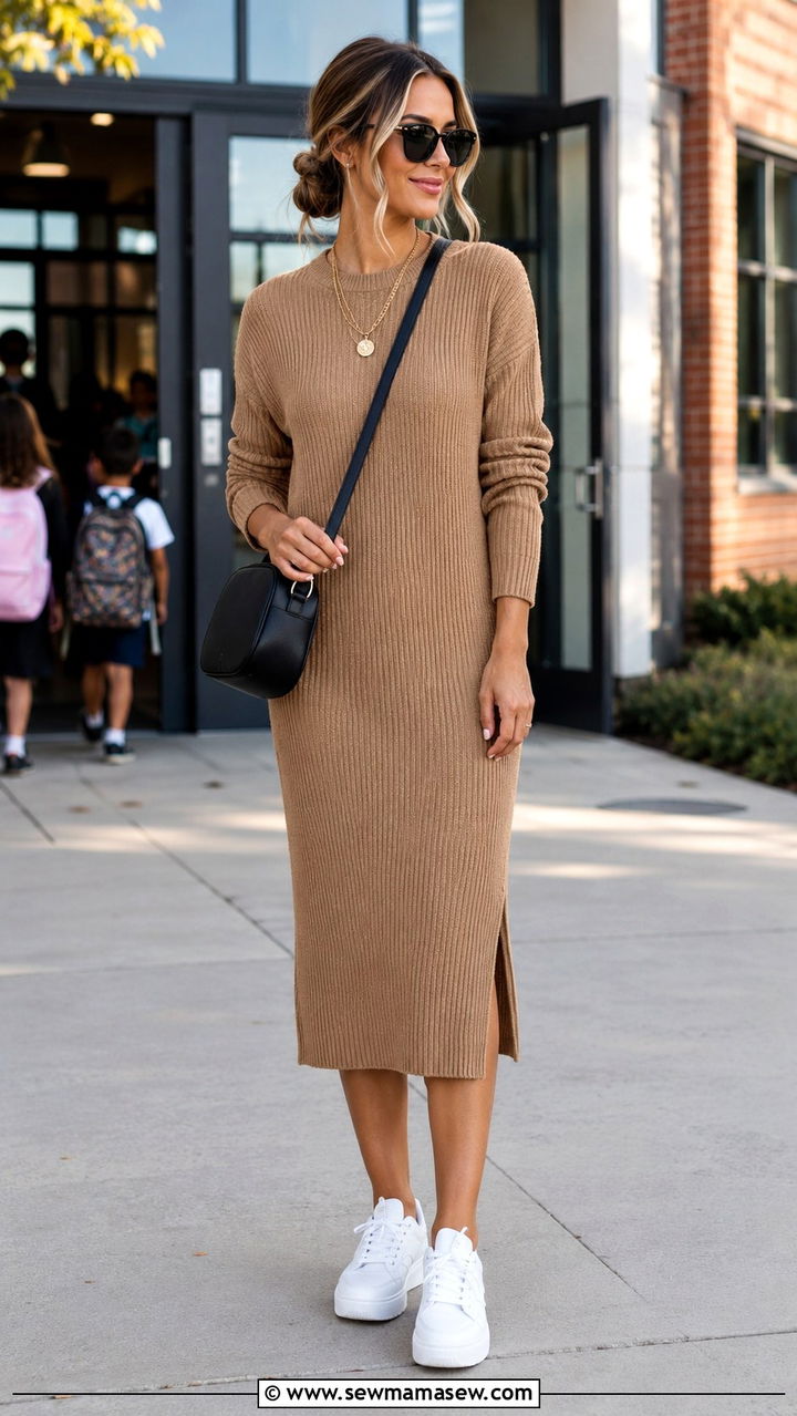 Knit Midi Dress with Sneakers and a Crossbody Bag - 20 Loungewear outfit ideas school run