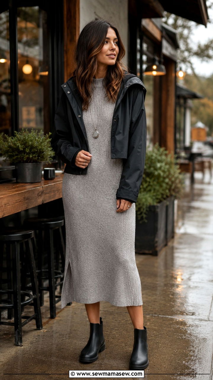 Knit Midi Dress with Waterproof Ankle Boots - 30 transitional rainy day outfit ideas