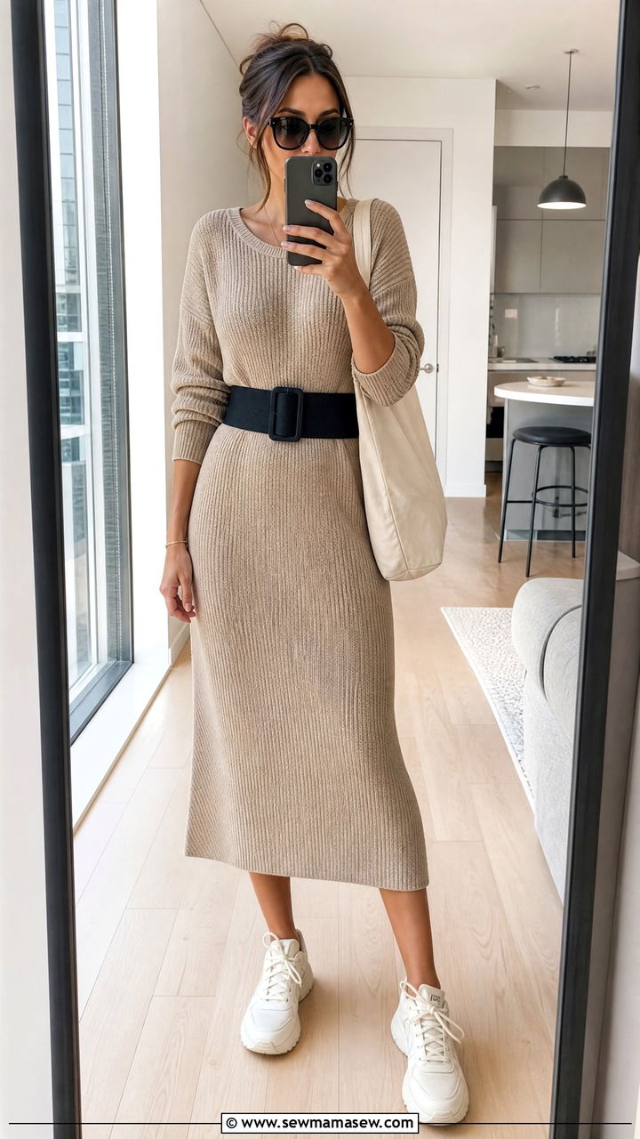 Knit Midi Dress with Wide Belt and Chunky Sneakers - 30 Midi dress outfit ideas with a belt