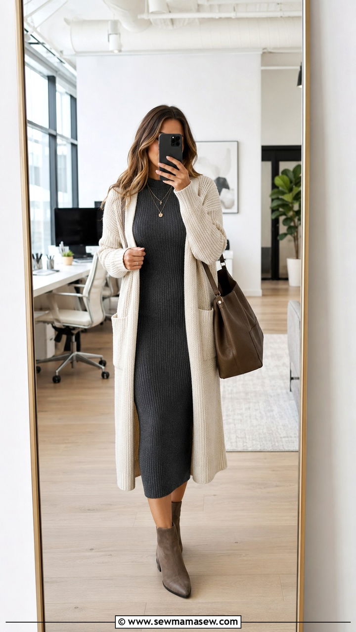 Knit Midi Dress with a Long Open Cardigan - 20 work outfits for women with tummy