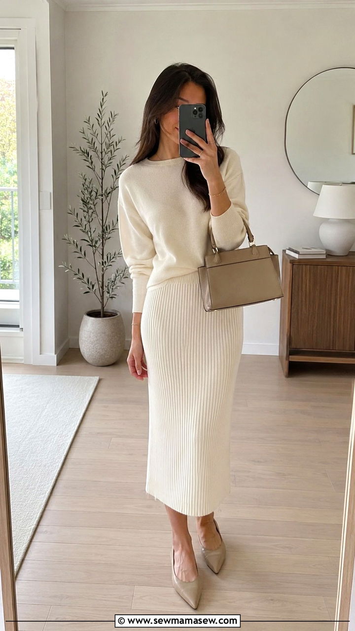 Knit Midi Skirt With Fine Gauge Sweater - 30 transitional modest outfit ideas