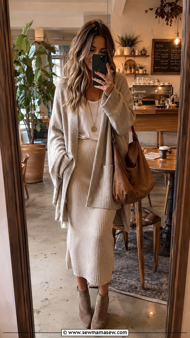 Knit Midi Skirt With Oversized Cardigan - 25 Boho outfit ideas with midi skirt